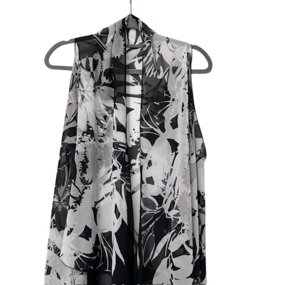 Blk & Wht Floral Print Sheer Chiffon Sleeveless Duster Vest Folded Colar Womens